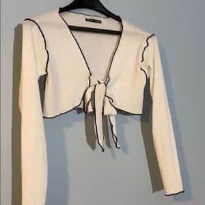 White Long Sleeve Tie Front Crop